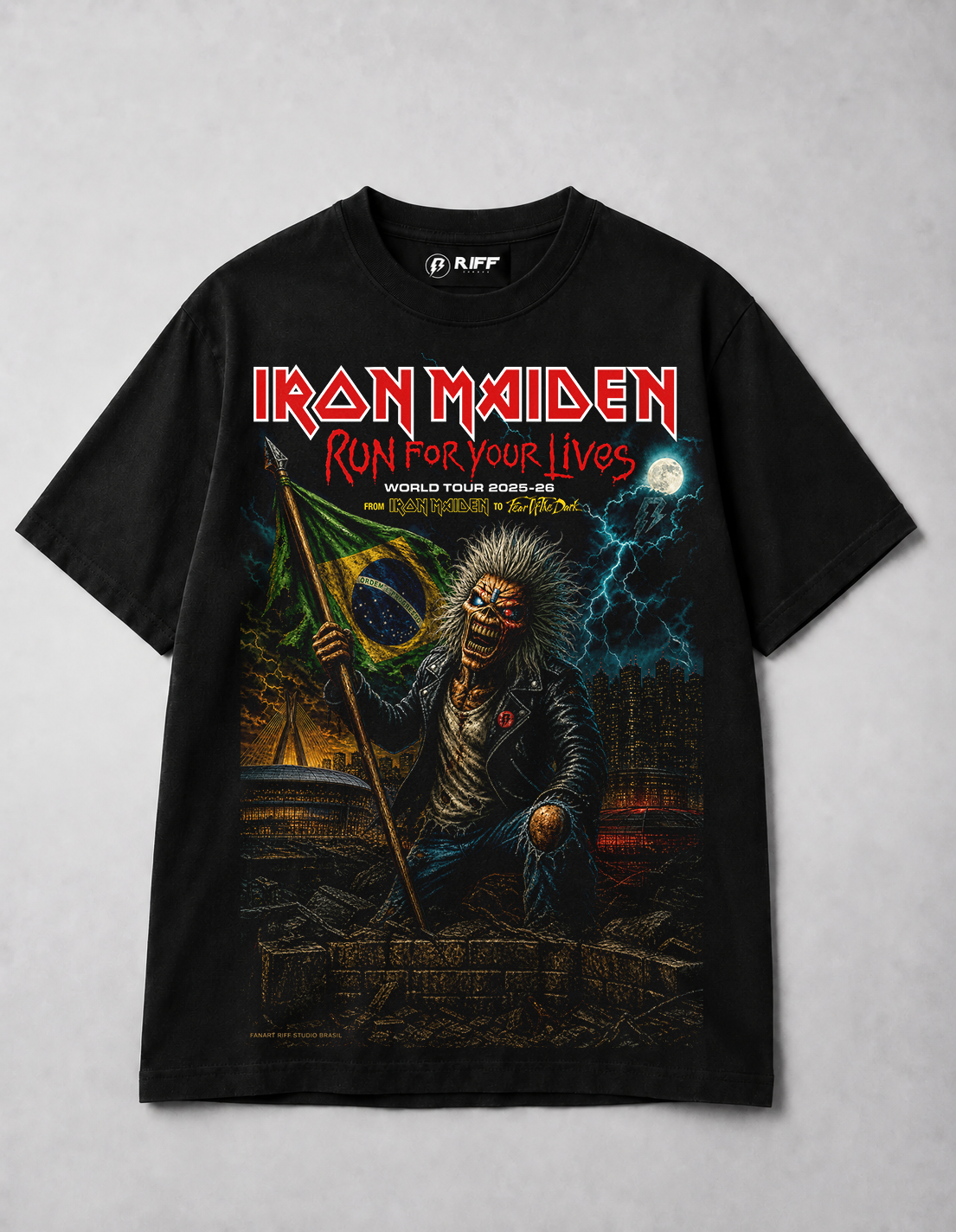 Camiseta Iron Maiden Run For Your Lives FanArt Brasil Preta RIFF STUDIO