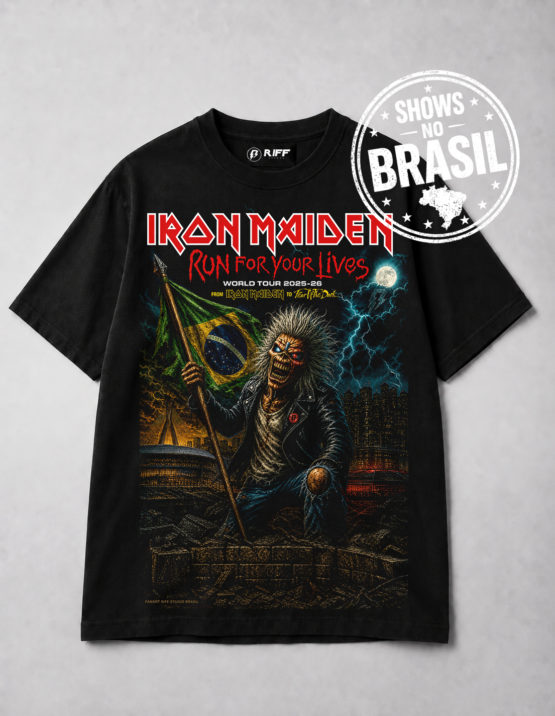 Camiseta Iron Maiden Run For Your Lives FanArt Brasil Preta RIFF STUDIO