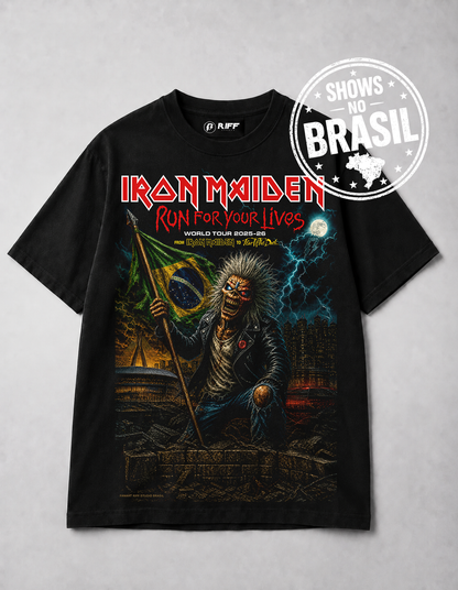 Camiseta Iron Maiden Run For Your Lives FanArt Brasil Preta RIFF STUDIO