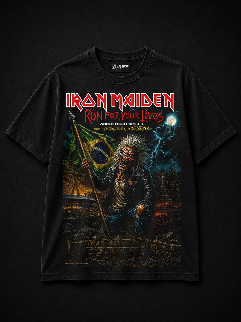 Camiseta Iron Maiden Run For Your Lives FanArt Brasil Preta RIFF STUDIO