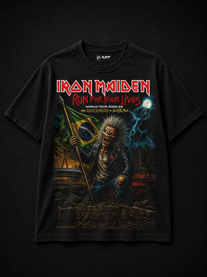 Camiseta Iron Maiden Run For Your Lives FanArt Brasil Preta RIFF STUDIO