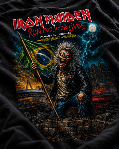 Camiseta Iron Maiden Run For Your Lives FanArt Brasil Preta RIFF STUDIO