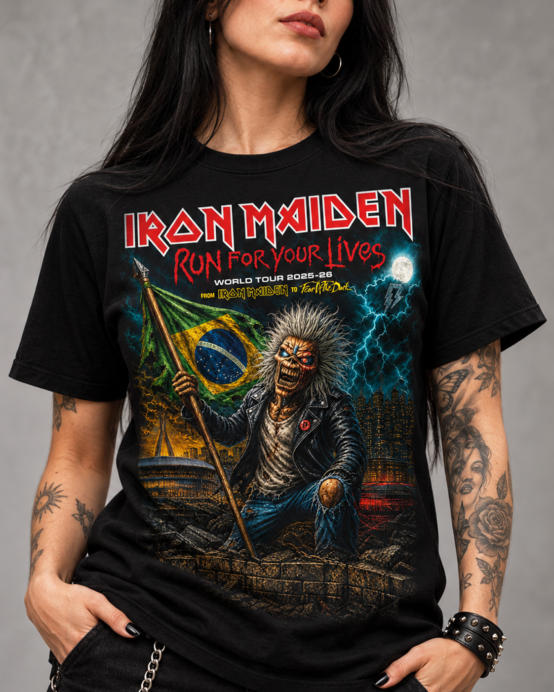 Camiseta Iron Maiden Run For Your Lives FanArt Brasil Preta RIFF STUDIO