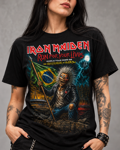 Camiseta Iron Maiden Run For Your Lives FanArt Brasil Preta RIFF STUDIO